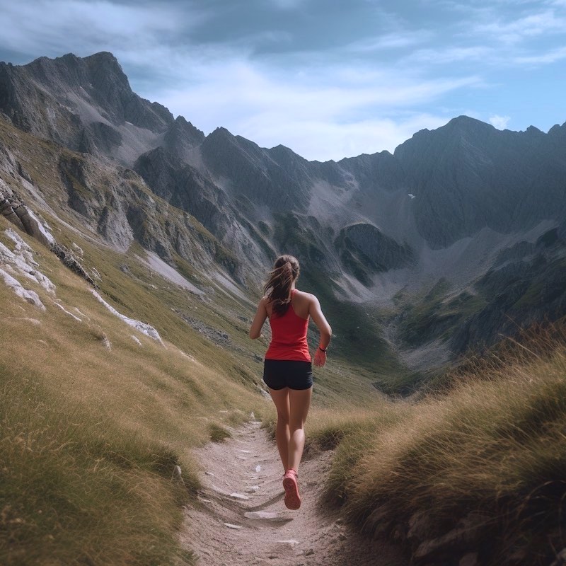 woman running to a mountain